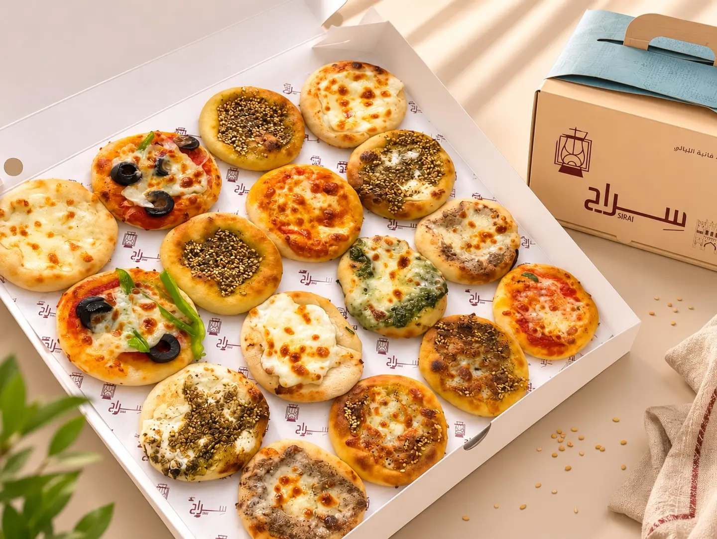 A Box Of 16 Small Pizzas Of Your Choice With A 1 Liter Siraj Tea Box