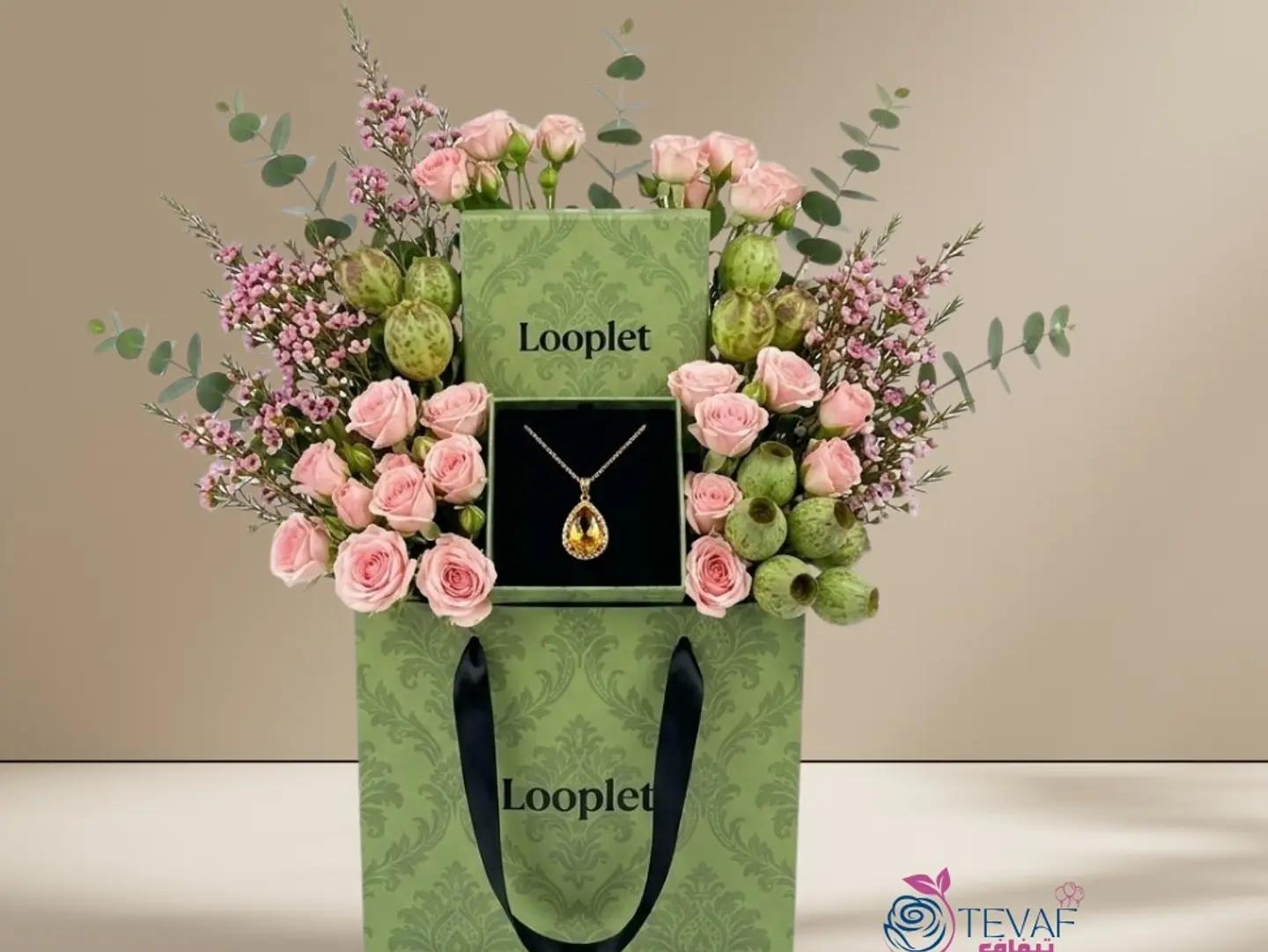 Gift Box With Necklace And Luxurious Flower Arrangement