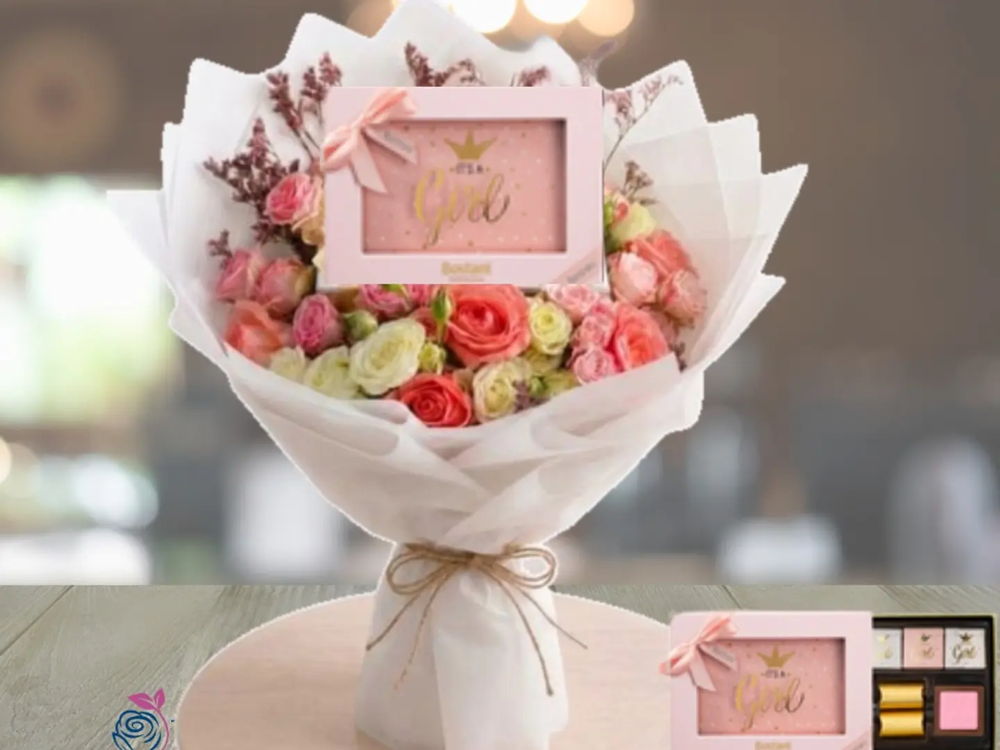 Mixed Roses Bouquet With Baby Girl Chocolate
