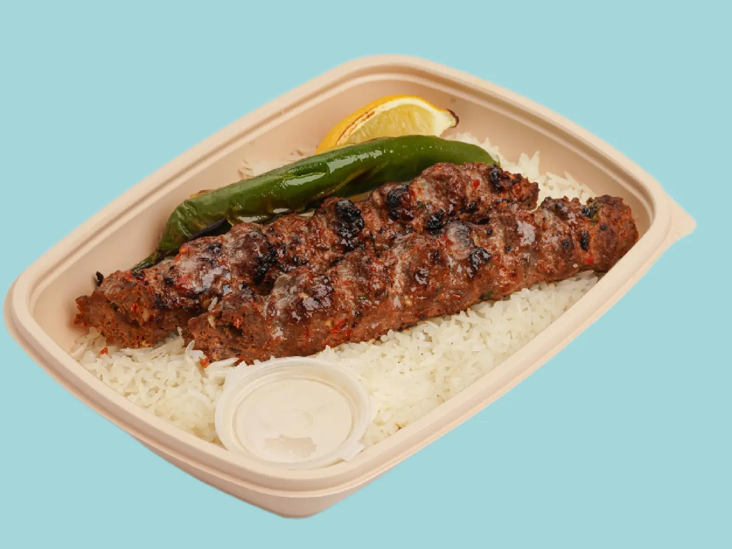 كباب لحم مع رز ابيض