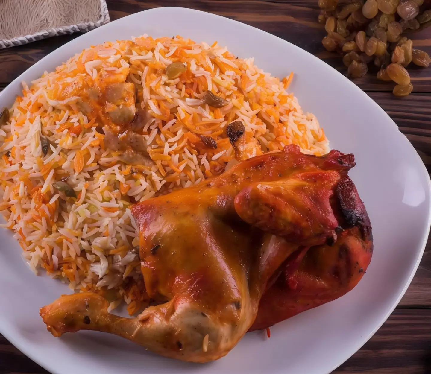 نص دجاج محمر مع رز و خضار