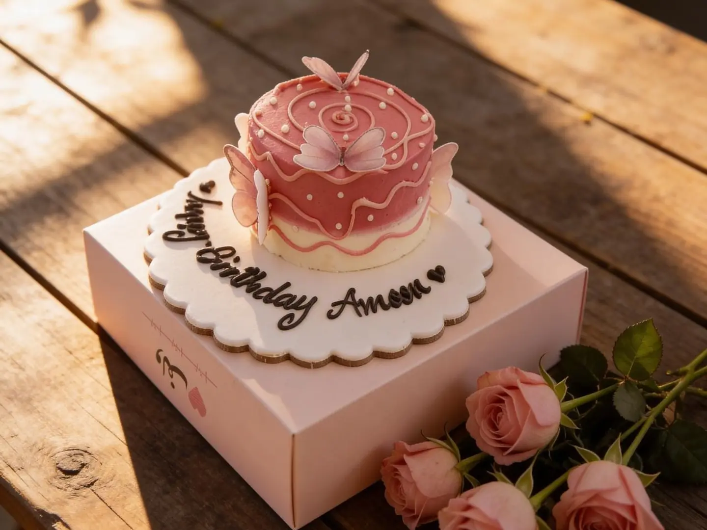 كيك ميلاد فراشات مع كتابة على القاعدة