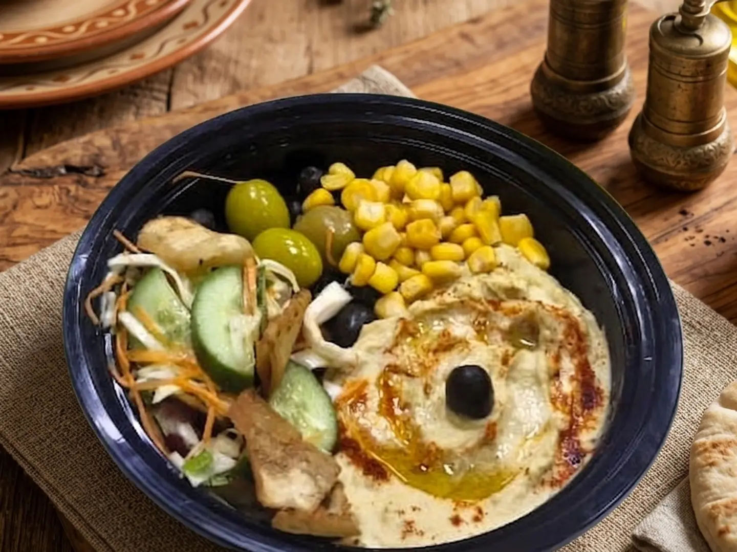 طبق حمص مع سلطة مشكلة وخبز