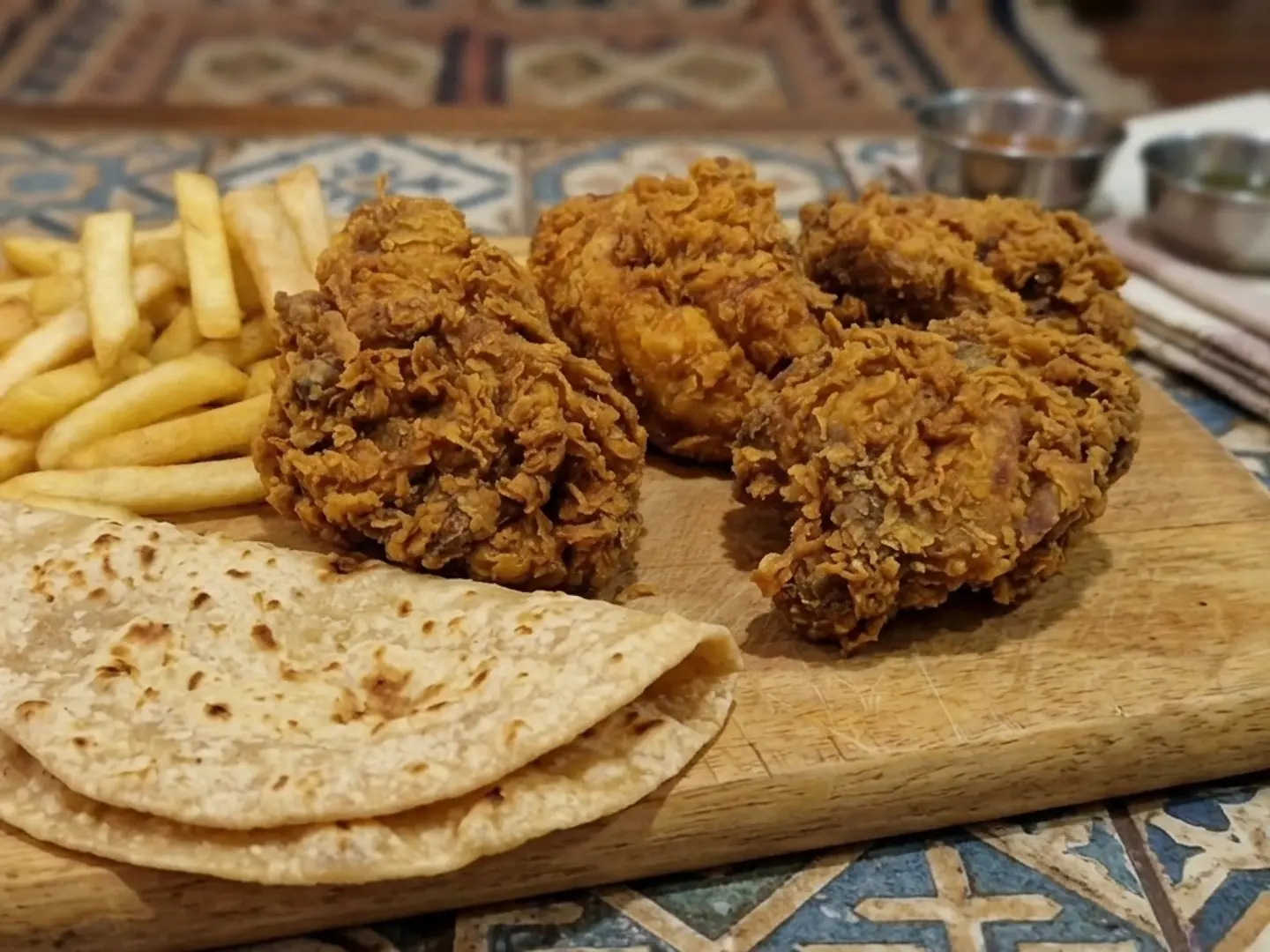 Three (3) Pieces Of Broasted Chicken Meal With Fries, Ketchup, Mayonnaise & Chapati