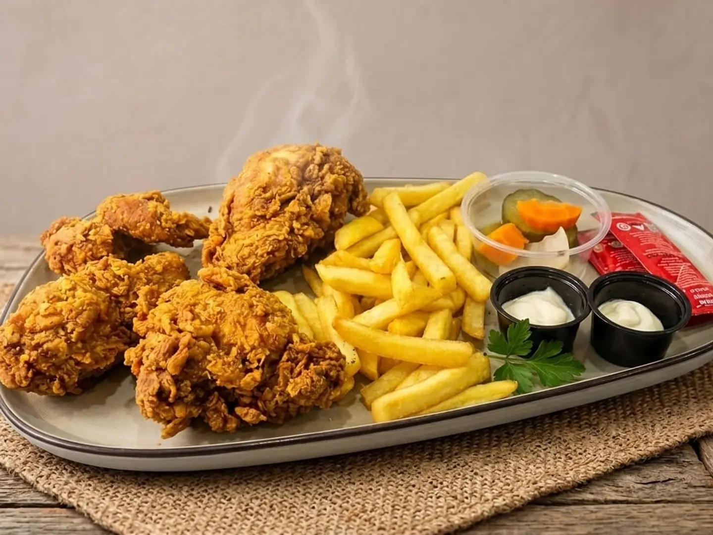 أربع قطع دجاج بروستد مع كوبز، بطاطا مقلية، كاتشب، صلصة ثوم ومخلل