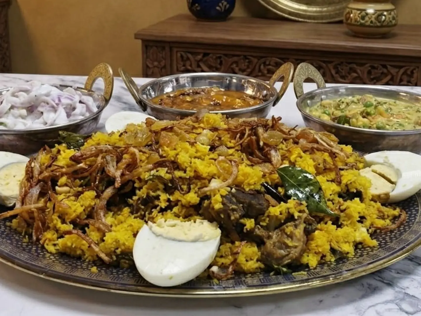 Sri Lankan Idiyappam Chicken Biryani With Onion Raitha, Pineapple Chutney & Green Peas Curry