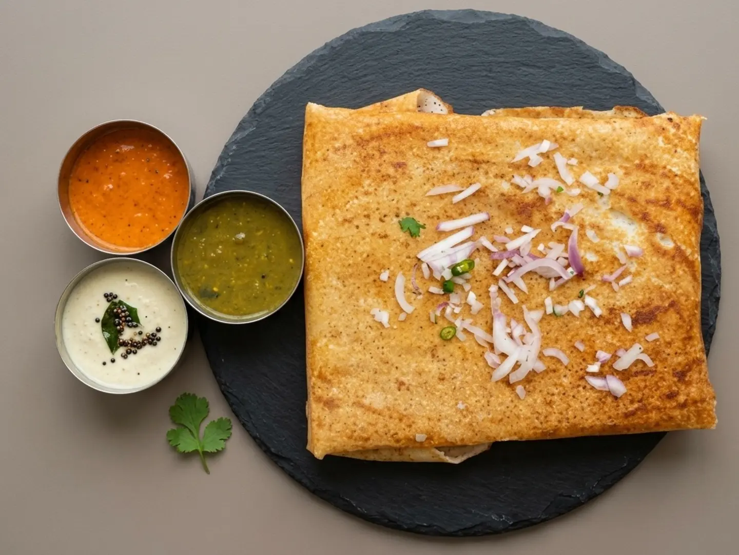 Onion Dosa With Sambar & Chutney
