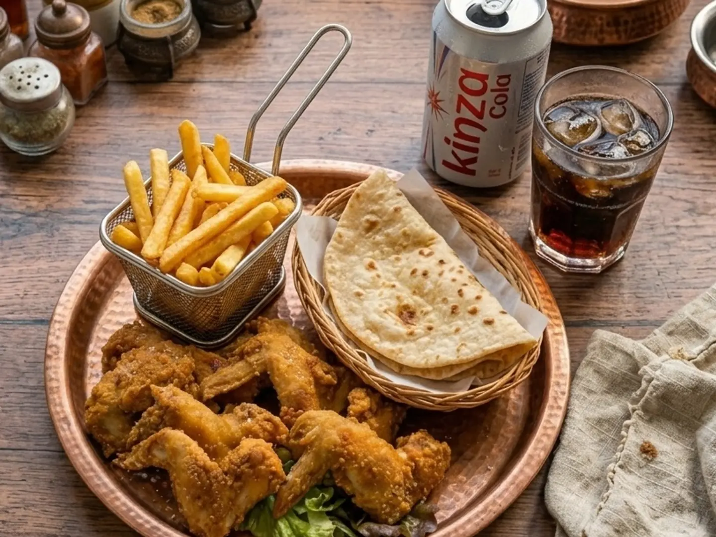 ستة أجنحة دجاج بروستد مع مشروب غازي وبطاطس مقلية وخبز الشباتي