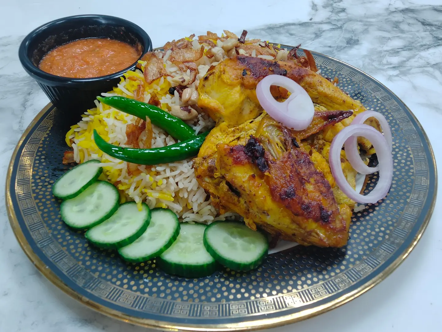 Charcoal Flavour Infused Mandi Chicken With Mandi Sauce & Salad