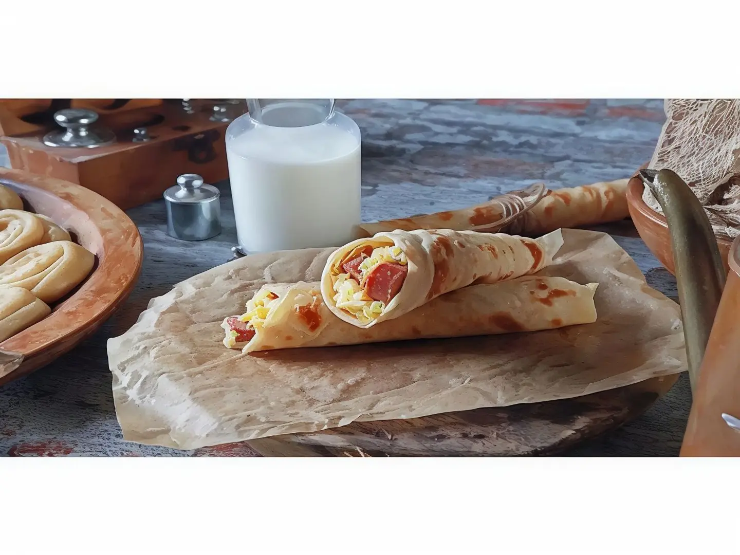 Chapati With Sausage, Cheese, And Fresh Salad