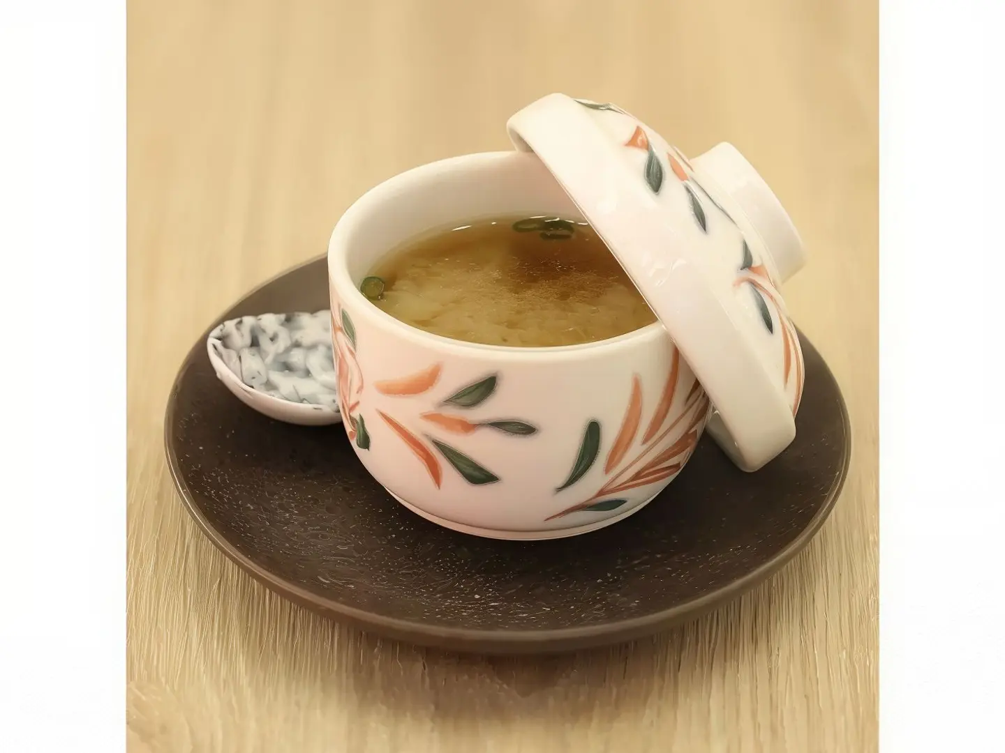 Miso Soup With Crispy Bacon, Mushroom And Tofu