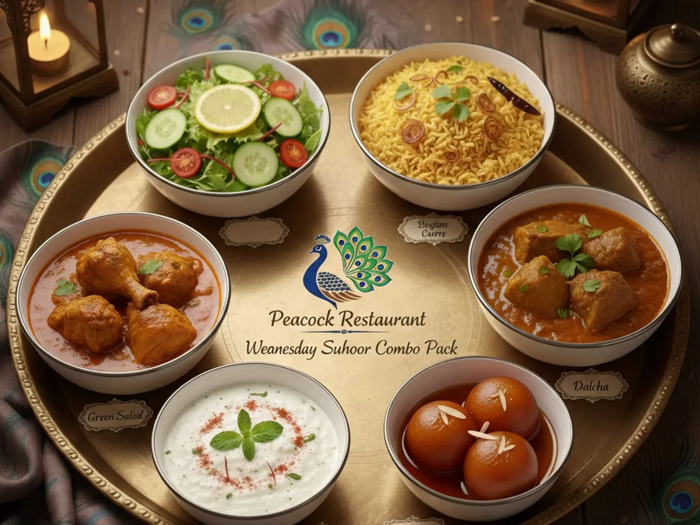 عبوة سحور الأربعاء المميزة خس أخضر أرز بقارا كاري لحم ضأن دالشا رايتا جولاب جامون