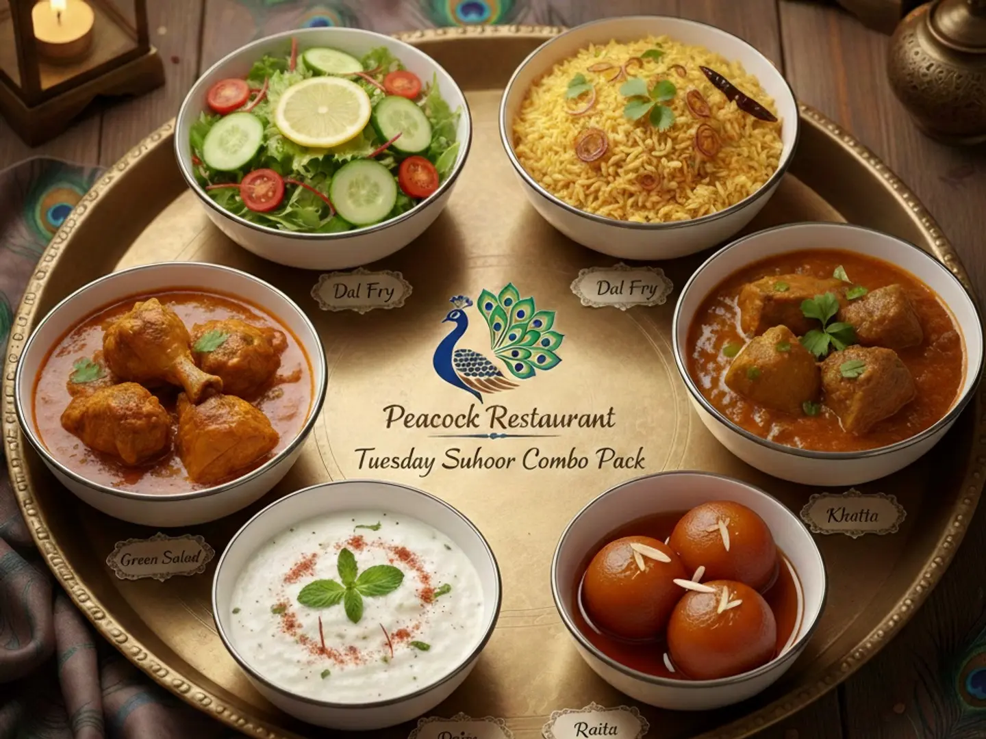 ثلاثاء سحور كومبو باك سلطة خضراء برياني خضروات دال فراي جرافي رايتا جولاب جامون