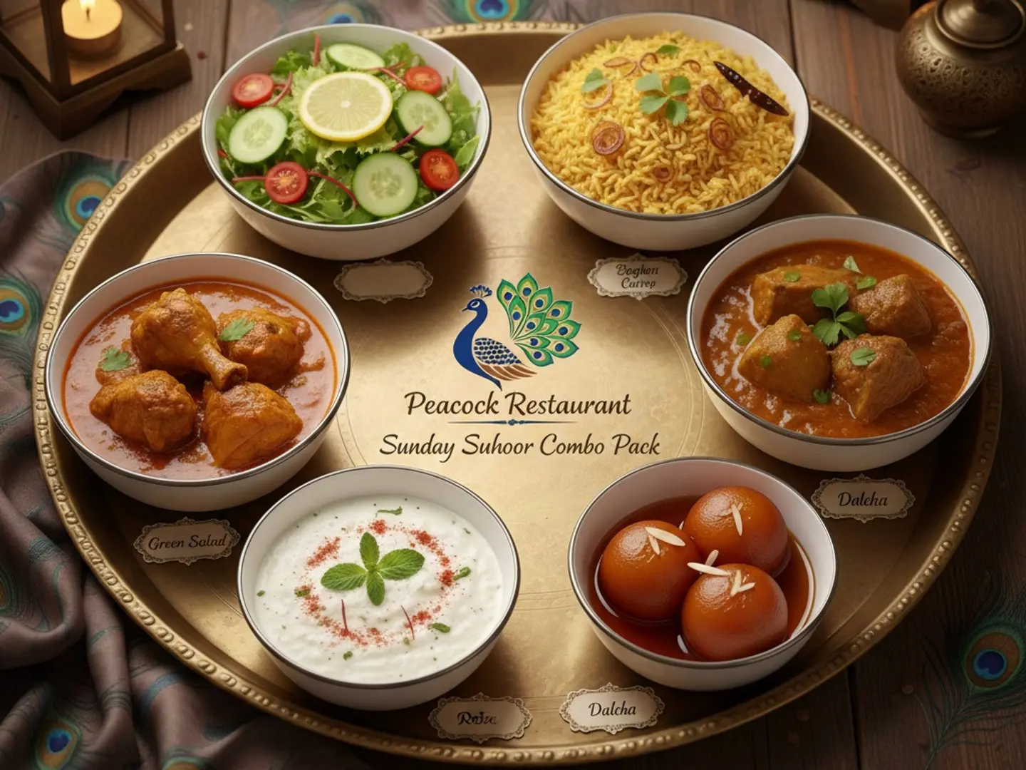 حزمة سحور الأحد - سلطة خضراء - أرز الباجارا - كاري الدجاج - دلتشا رايتا - جلاب جامون