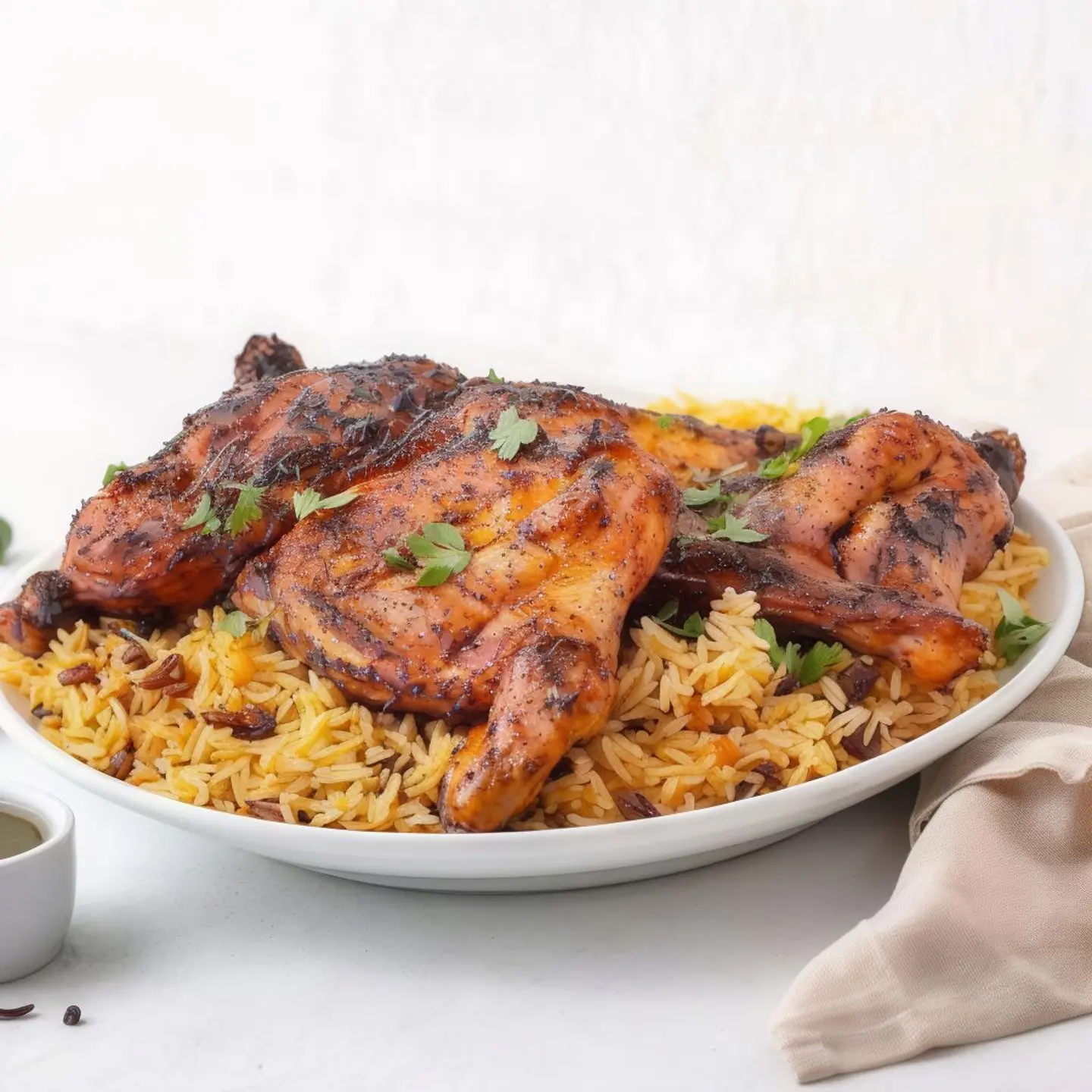 نص دجاج على الفحم مع الرز