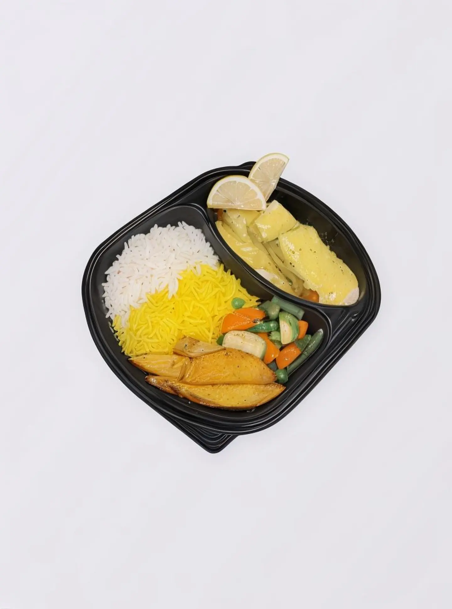 سلمون بالليمون مع ارز وبطاطس ودجز وخضار