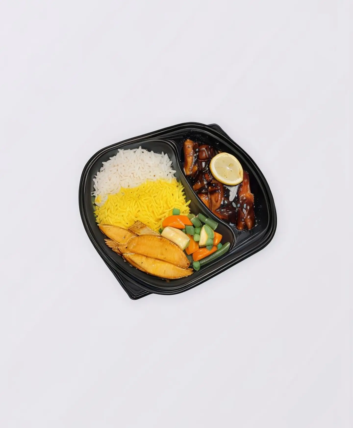 سمك ترياكي مع ارز مشكل وبطاطس ودجز