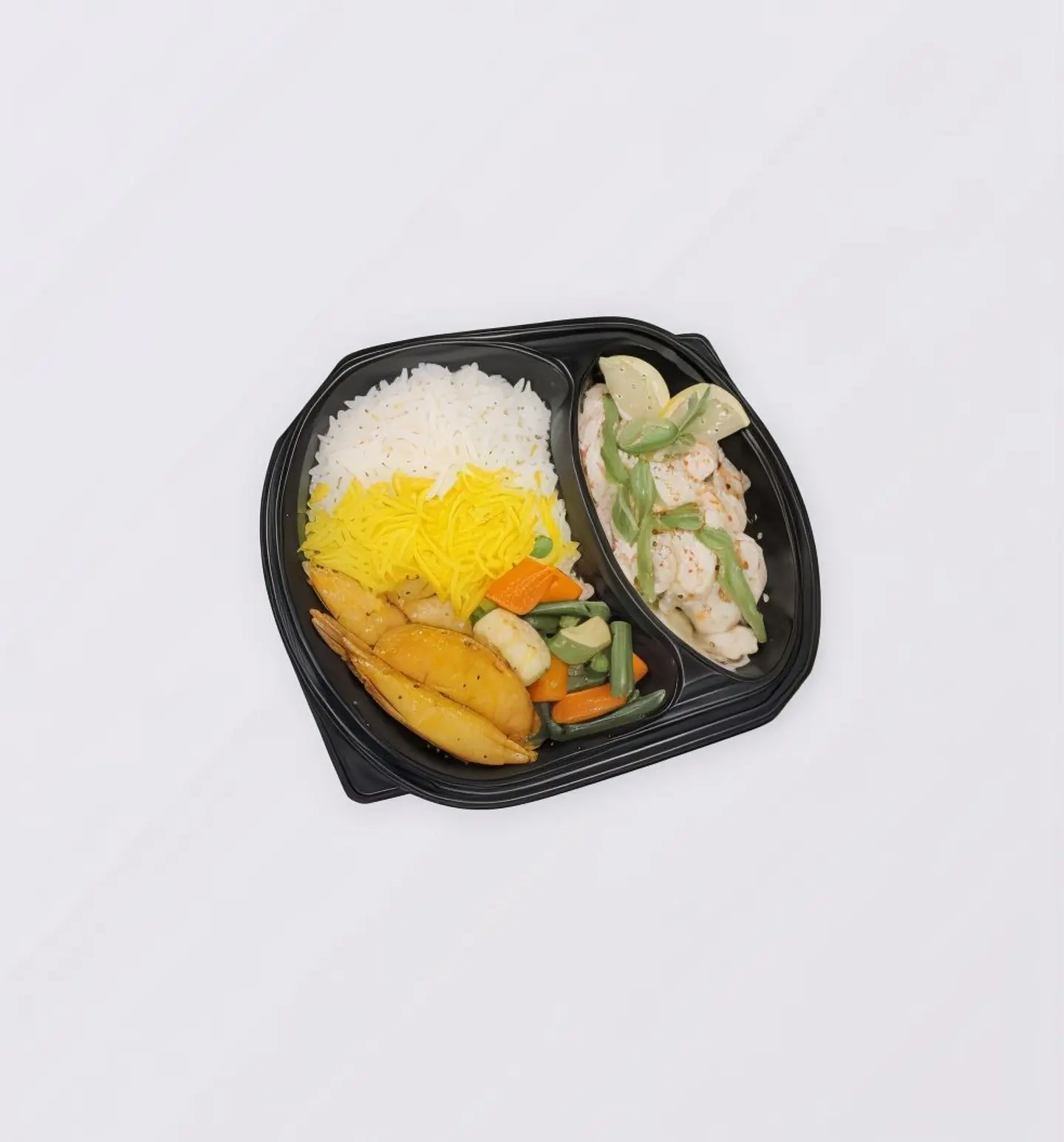 جمبري سترغانوف مع ارز مشكل وبطاطس مهروسة وخضار