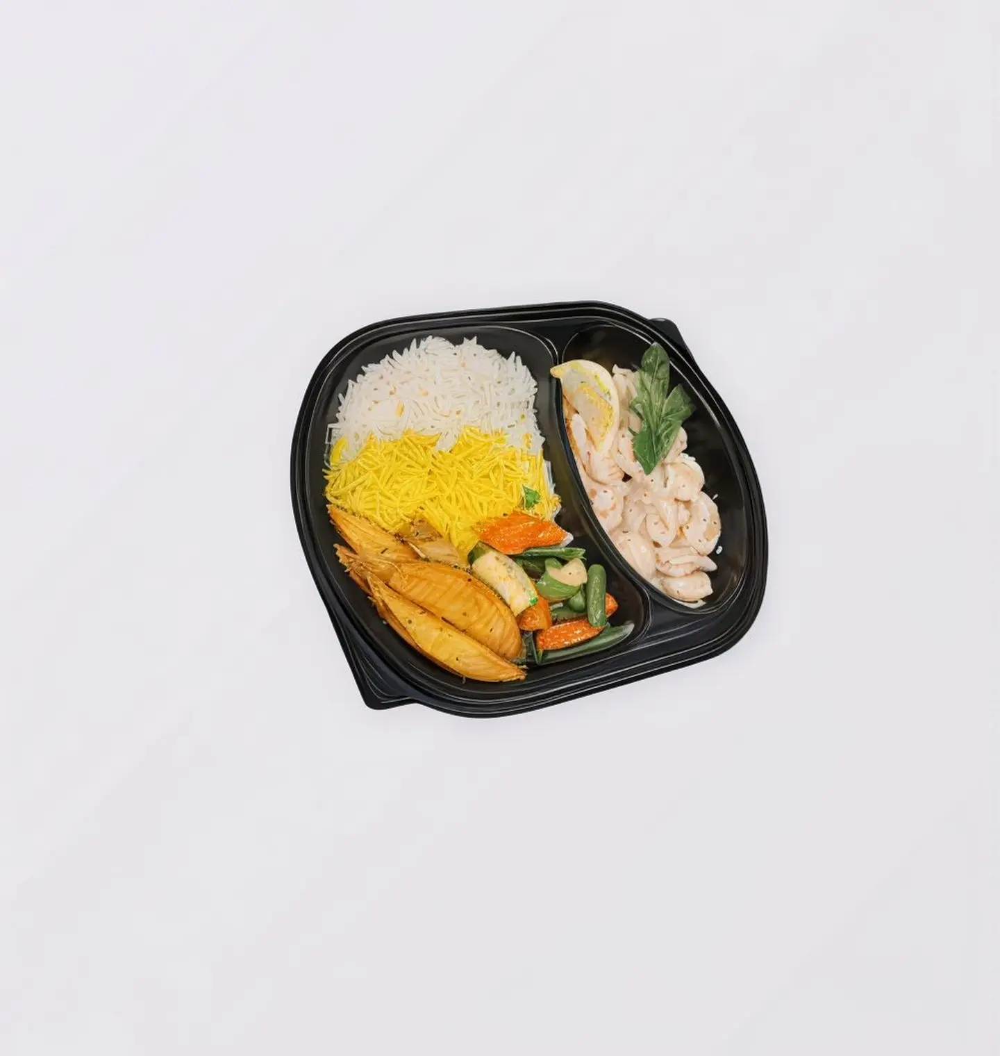 جمبري الفريدو بالسبانخ مع ارز مشكل وبطاطس ودجز