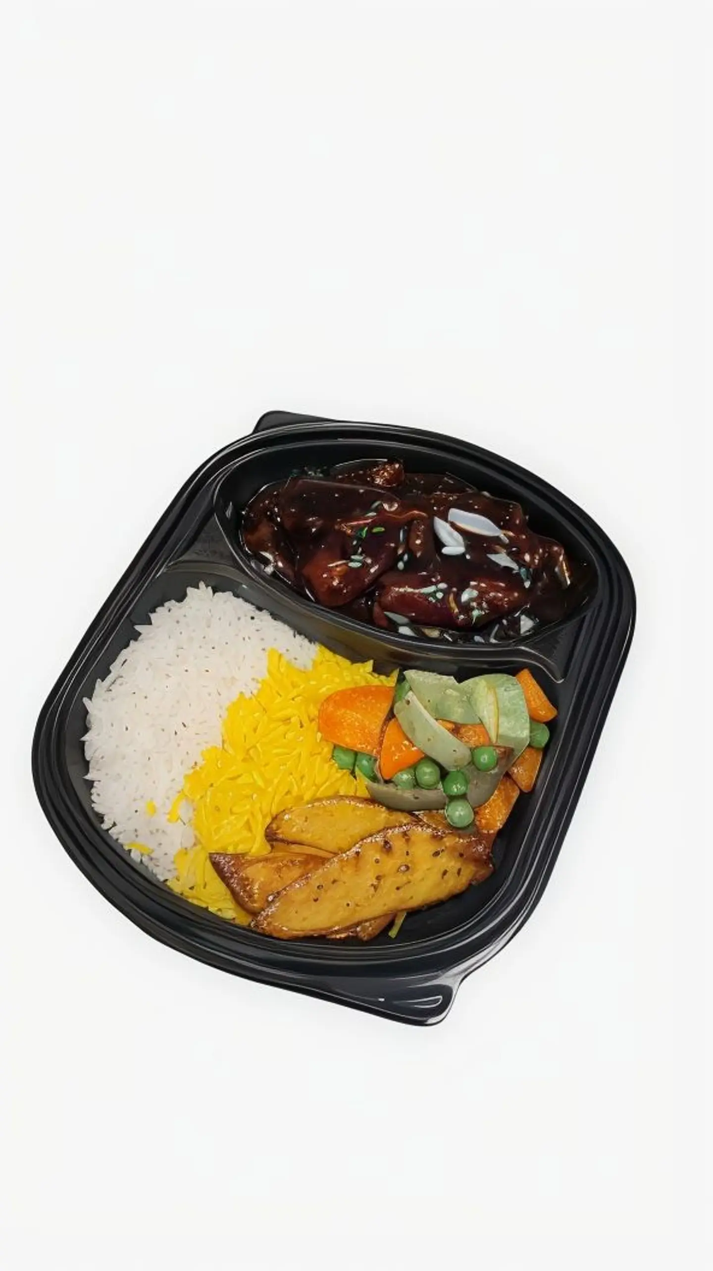 لحم ترياكي مع ارز مشكل وبطاطس ودجز