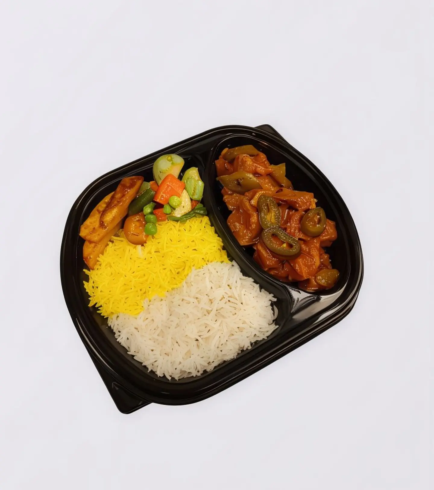 لحم جلابينو بالطماطم مع ارز وبطاطس ودجز وخضار