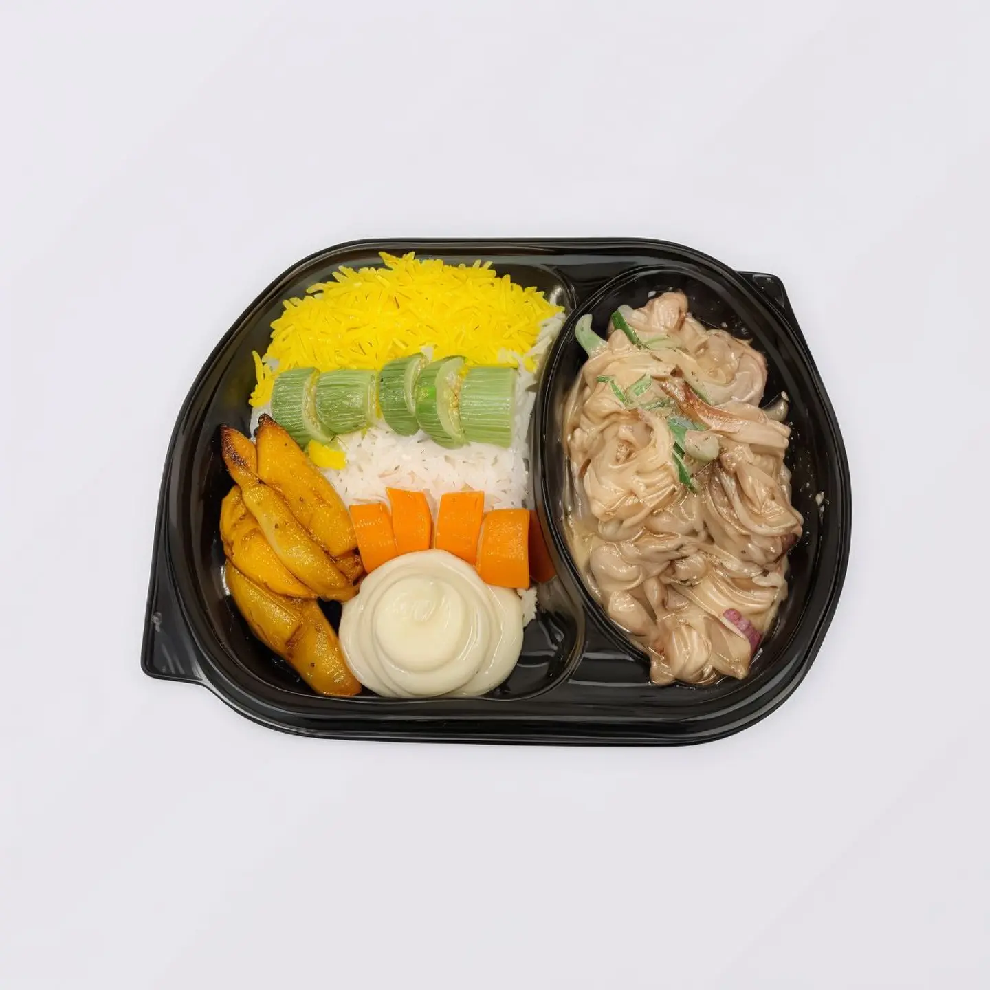 لحم مانسية بالبصل والكريمة مع ارز وخضار