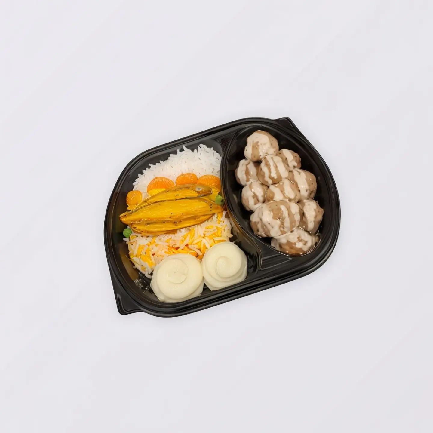 كرات لحم بالطحينة مع ارز مشكل وبطاطس ودجز