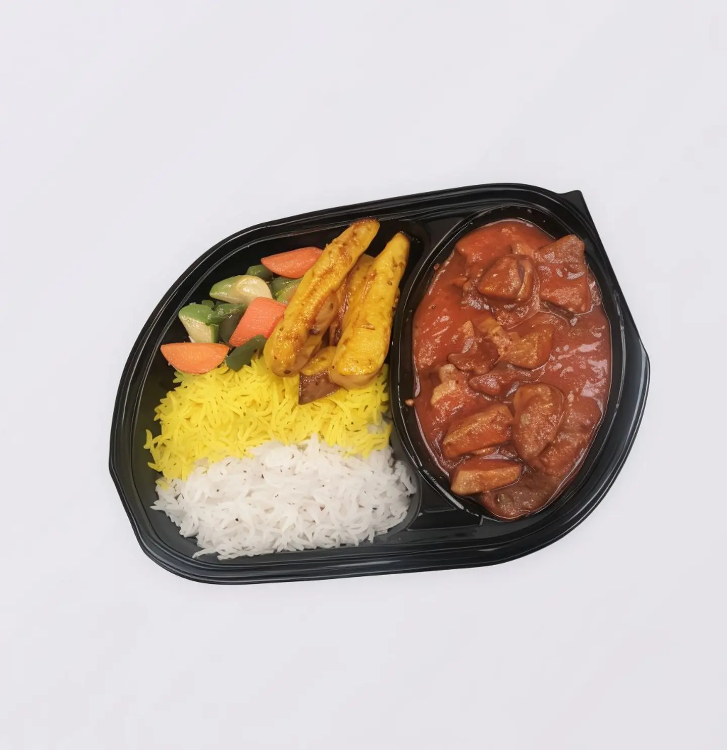 لحم كاري مع ارز مشكل وبطاطس مهروسة