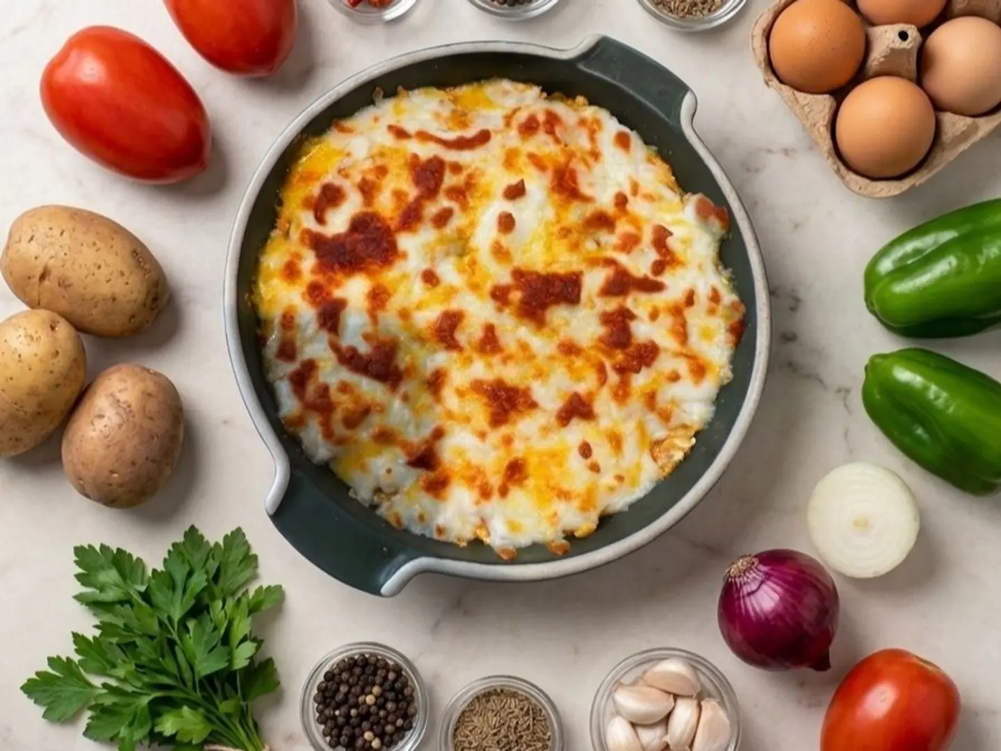 Potato And Shakshuka Casserole With Cheese
