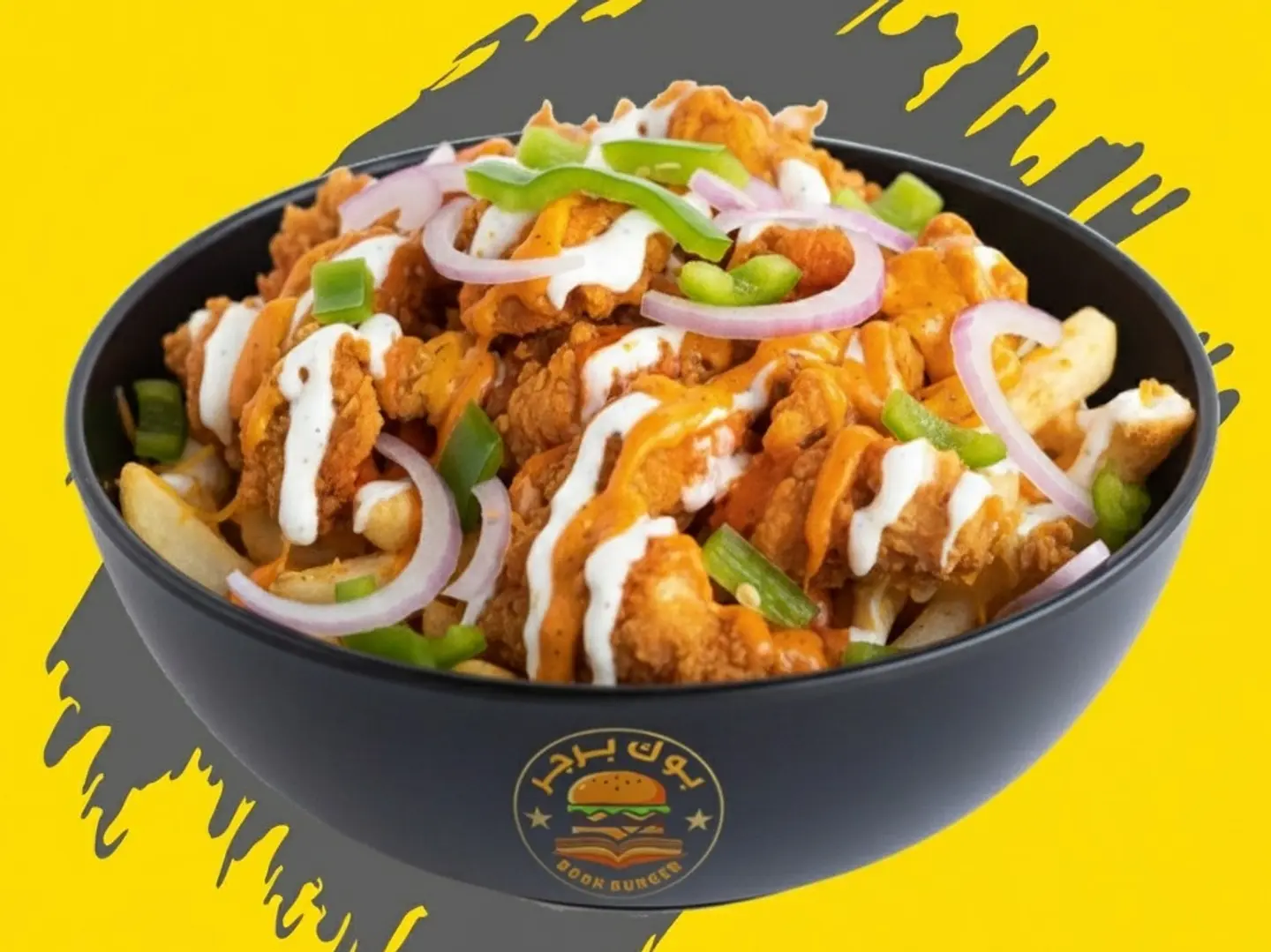 بطاطس مقلية محمّلة بشرائح الستيك والدجاج المشوي