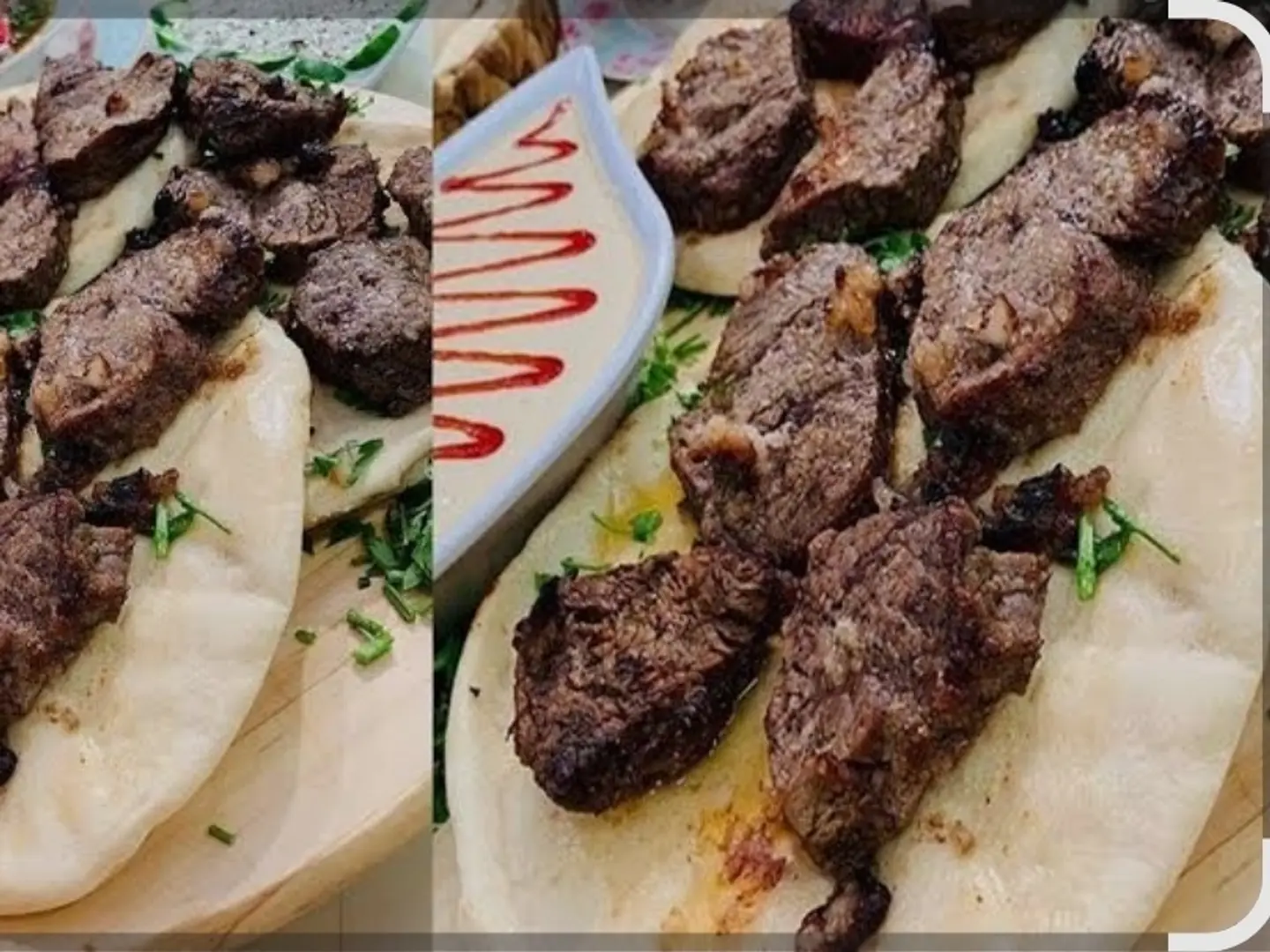 نفر أوصال ٣ اسياخ لحم مشوي لذيذ مع الأرز بالإضافة إلى طحينة وثومية وصوص حار وخبز