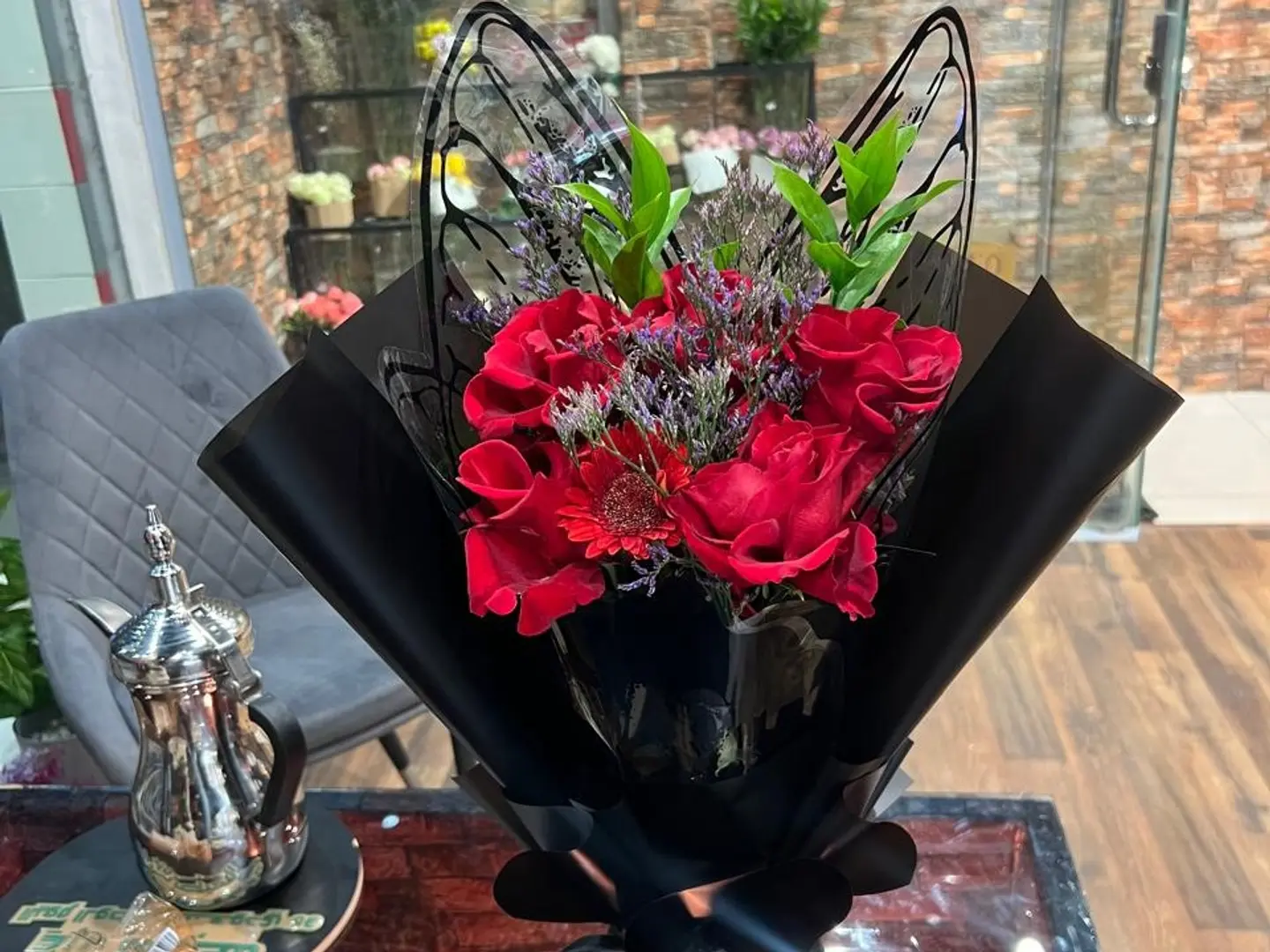 Luxury Red Roses Bouquet Black Butterfly Design