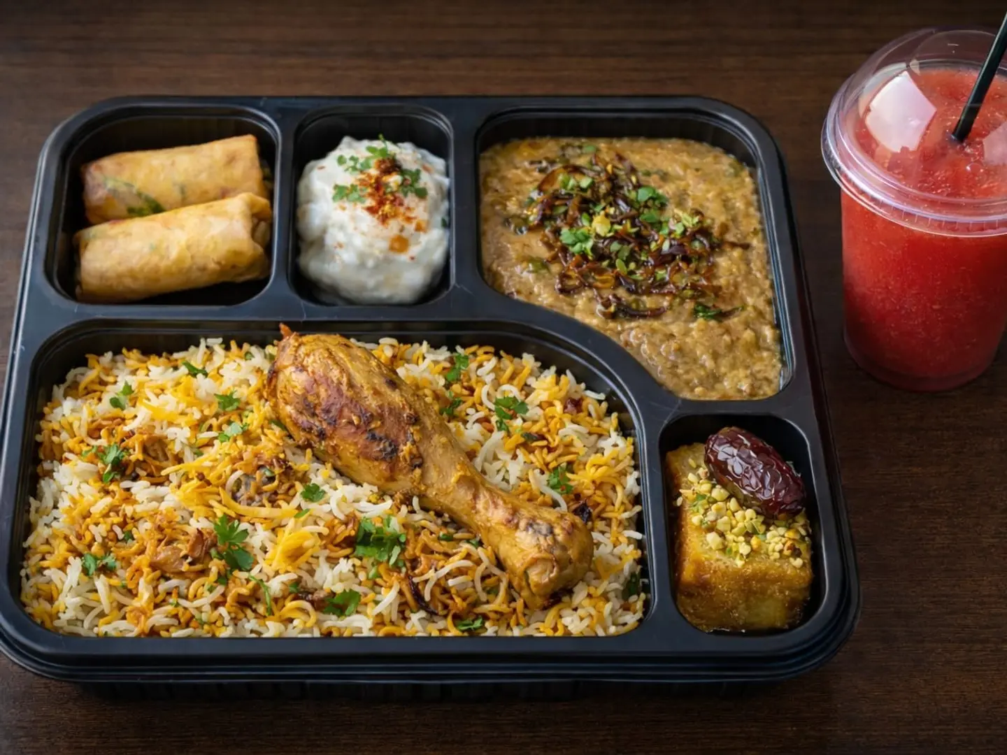 كومبو برياني الدجاج للإفطار مع عصير البطيخ