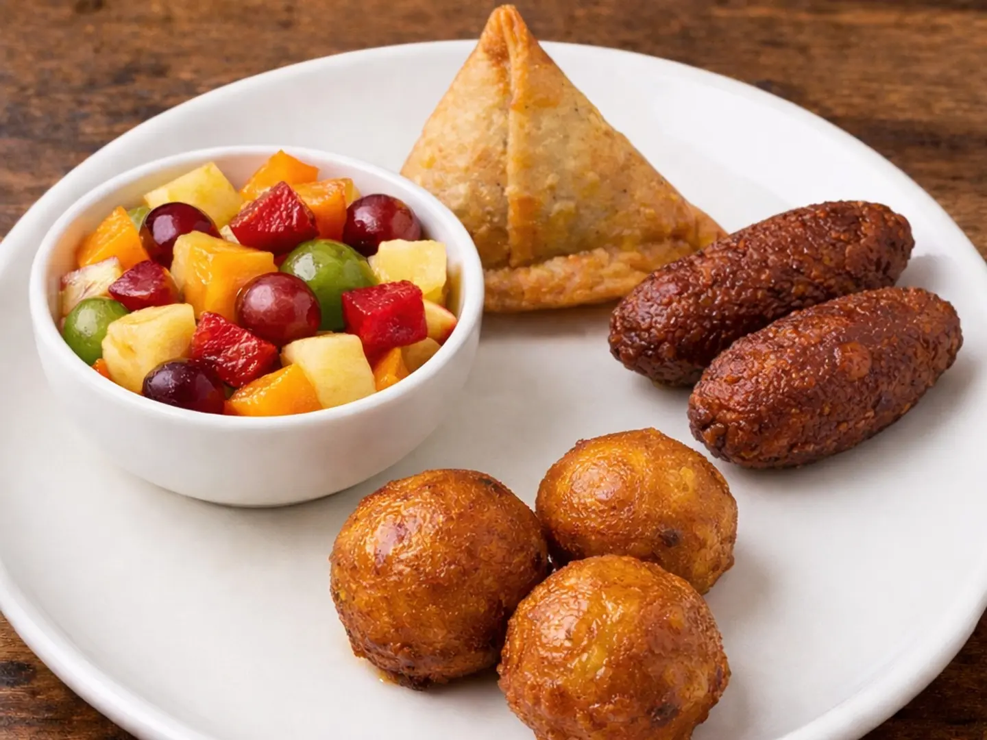 سلطة فواكه - قطعة واحدة، خبز الخزوز قطعتين، سمبوسة بطاطس قطعة واحدة، ميثا جولجولا 3 قطع