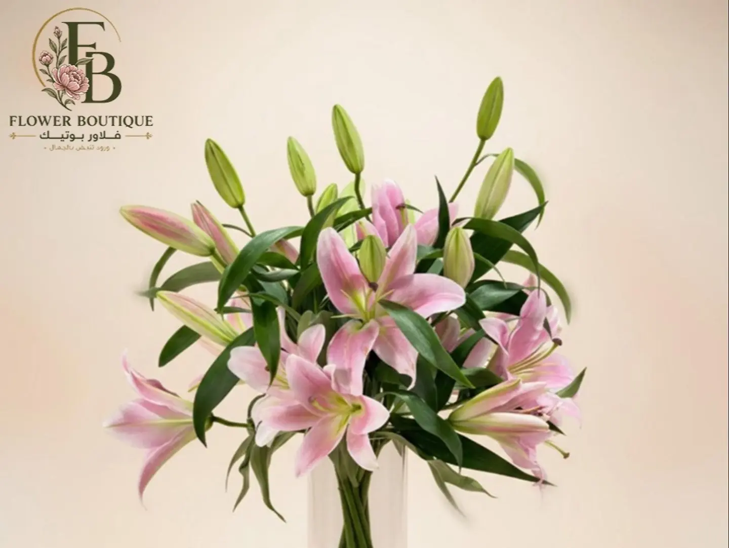 8 Pink Lily Stems In A Clear Vase
