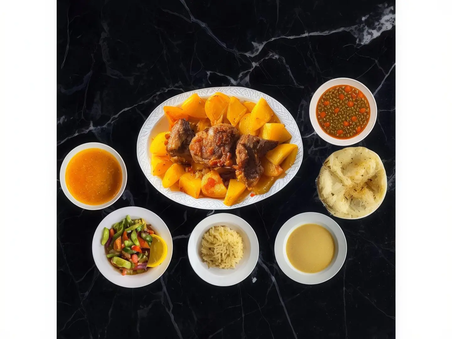 وجبة لحمة فرن بالبطاطس مع الأرز والخضار