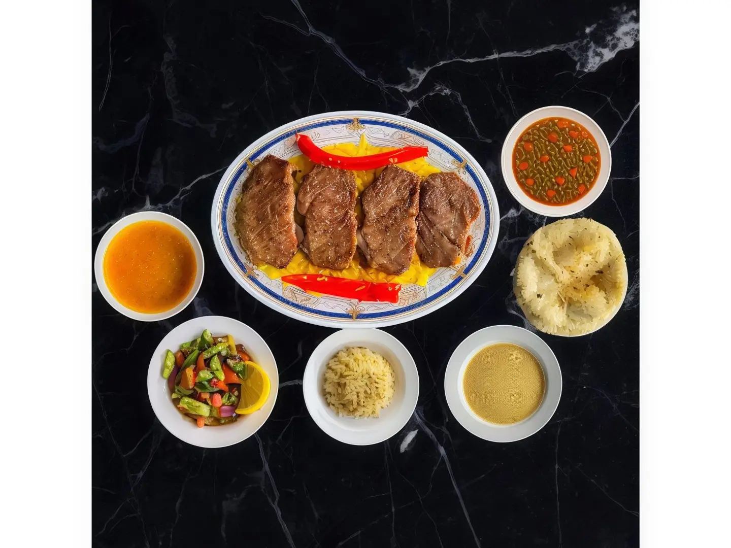 وجبة لحمة محمرة مع الأرز والخضار