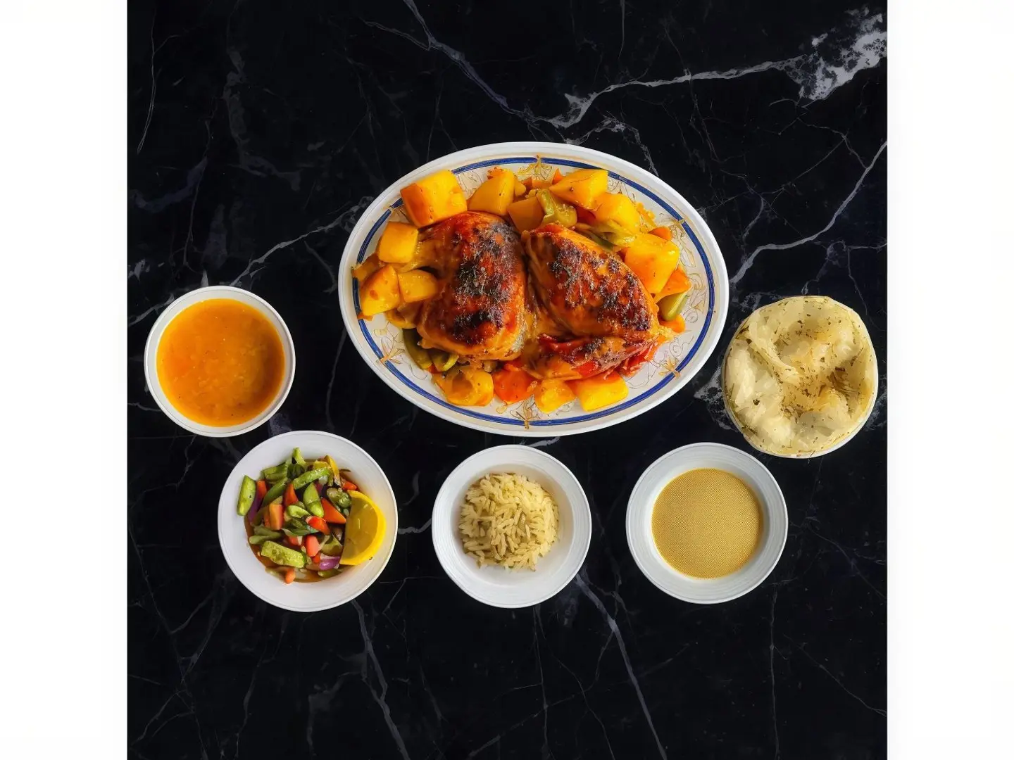 دجاج فرن بالبطاطس مع الأرز والخضار