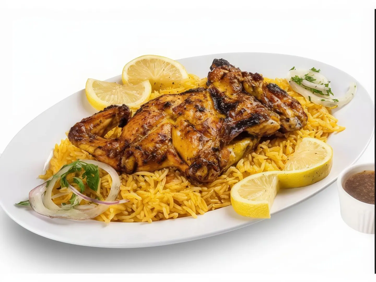 نص دجاج على الفحم مع أرز