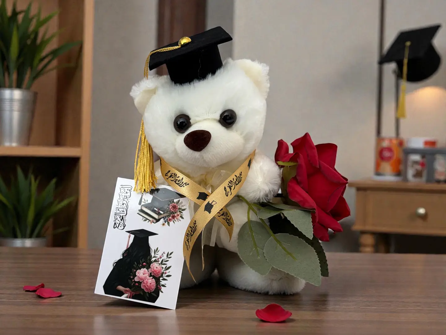Teddy Bear With A Red Rose (Artificial), Along With A Hat And Graduation Card