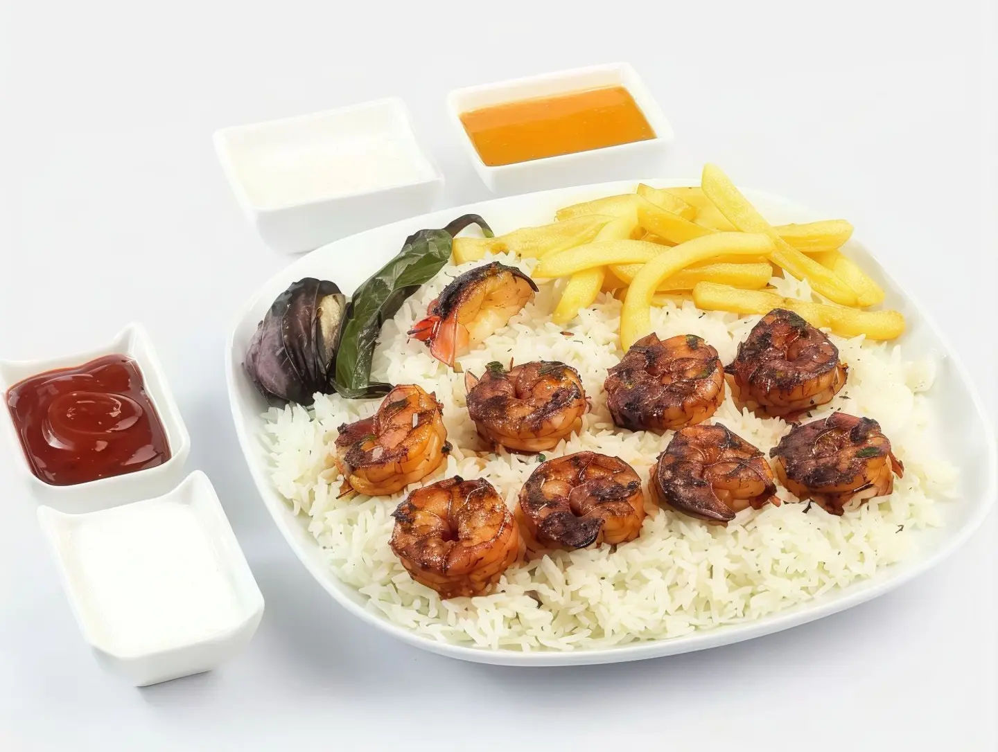 A Plate Of Eight Shrimp Skewers With Rice Potatoes And Salads