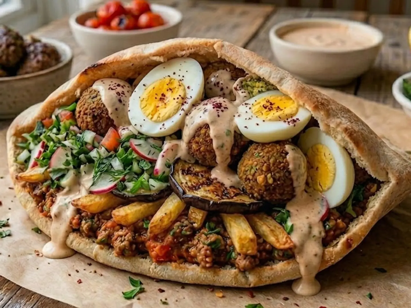 ساندوتش طعمية بطاطس باذنجان بيض مسلوق