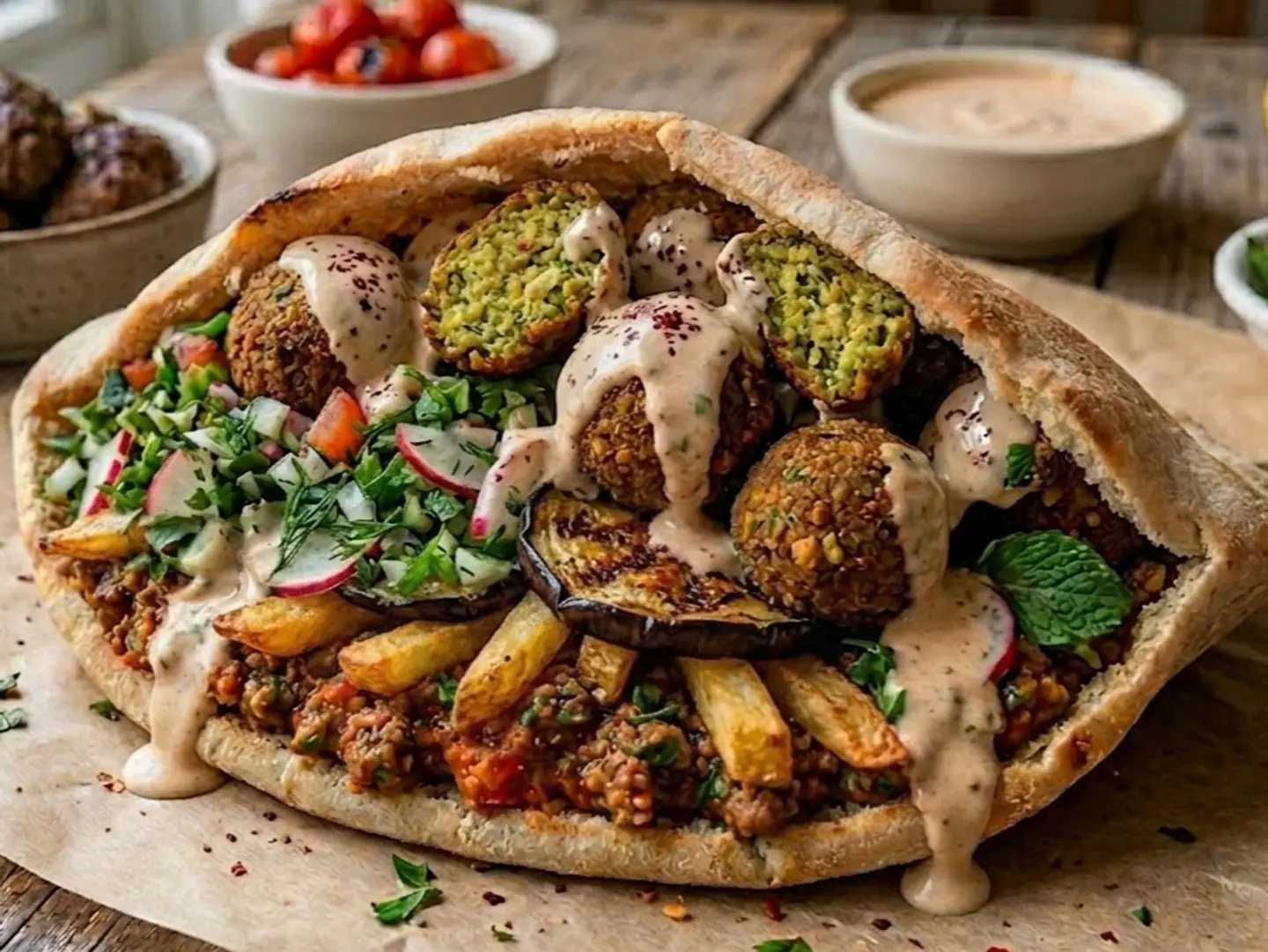 ساندوتش طعمية بطاطس باذنجان