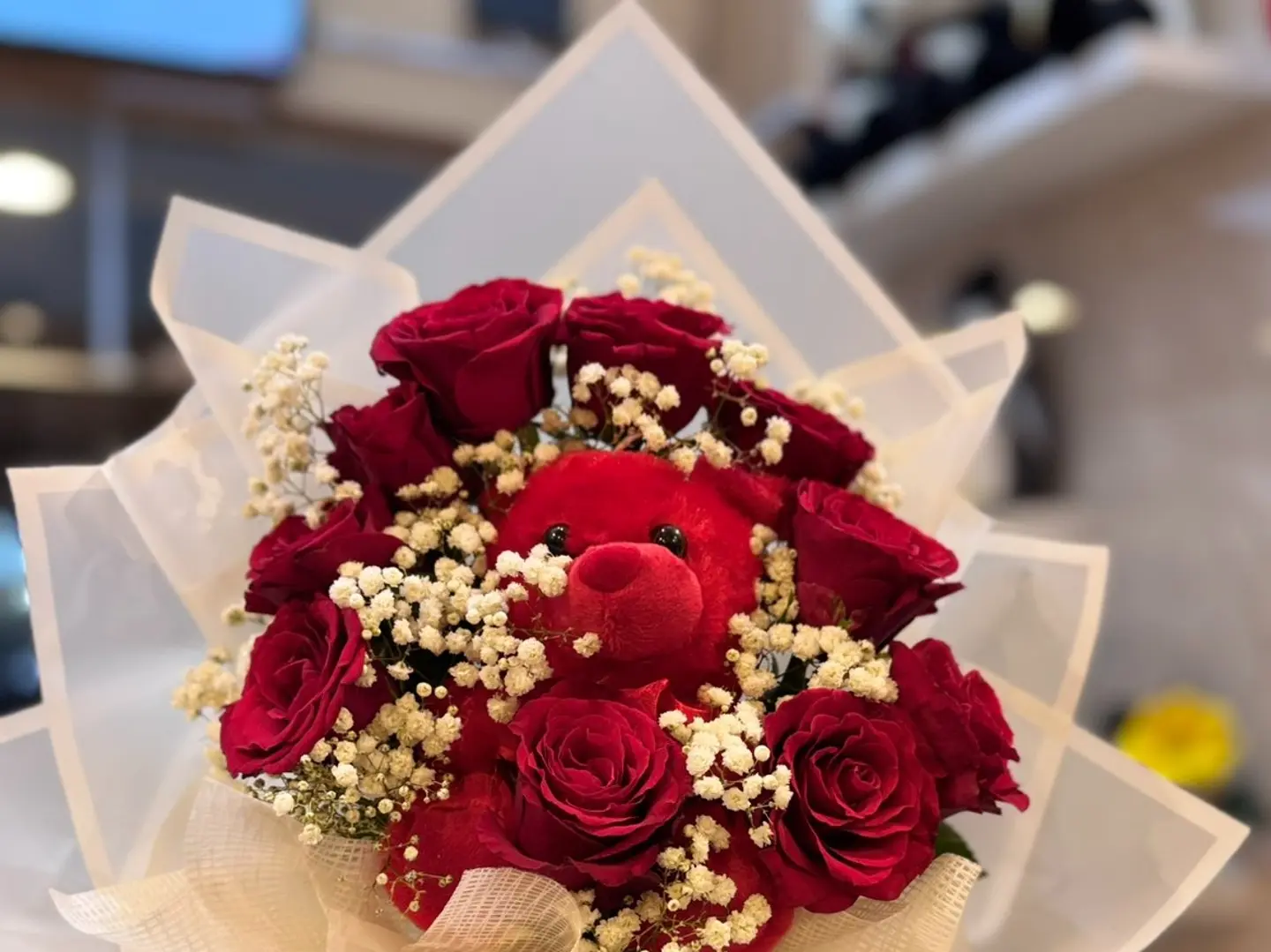 Red Bouquet With A Teddy Bear