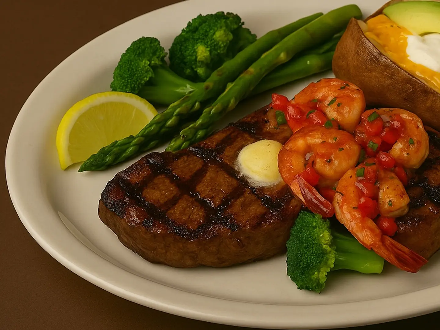 شريحة لحم ريب آي مشوية مع روبيان سوتيه