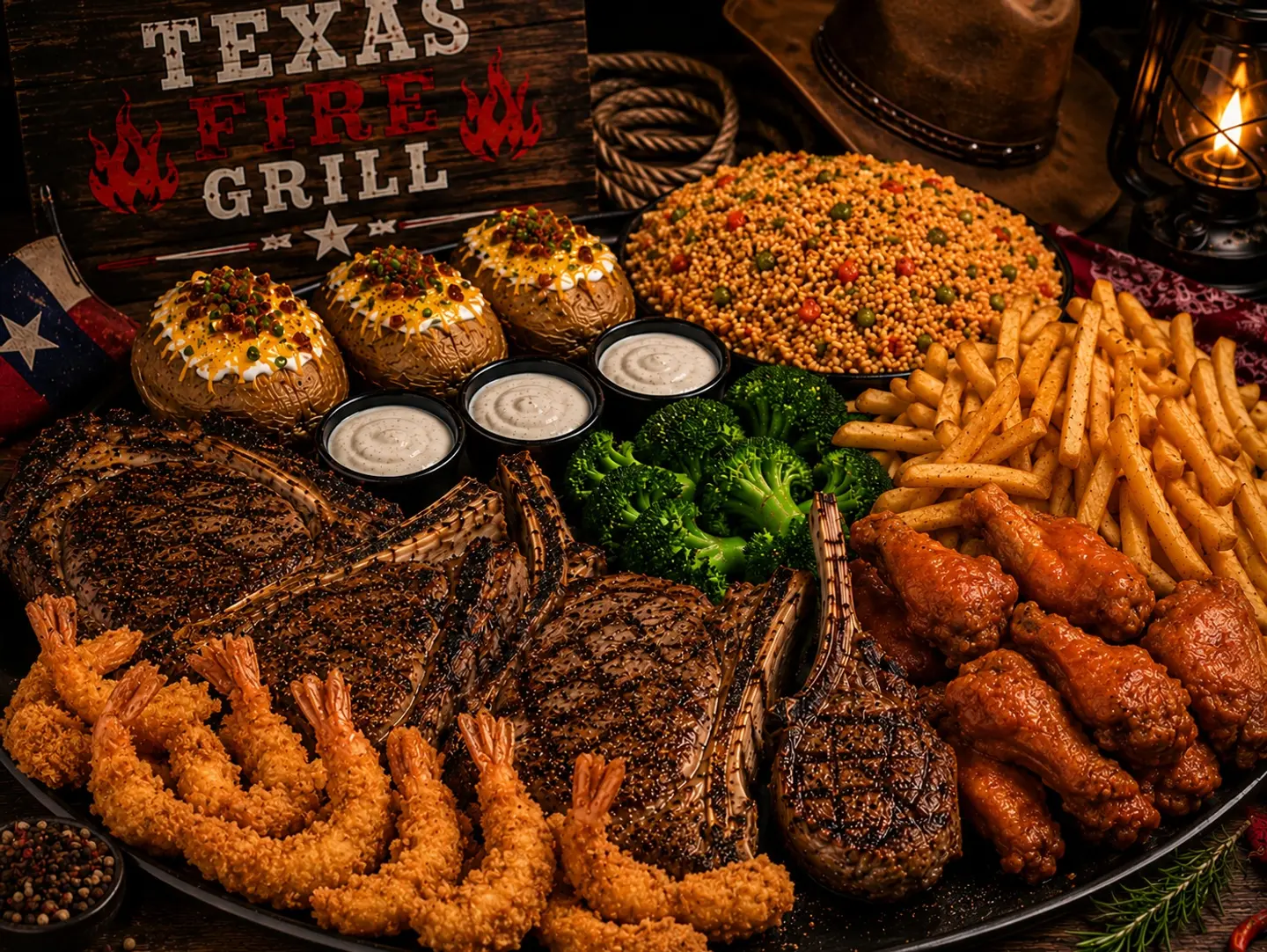 Triple Ribeye, Lamb Chop, Shrimps And Wings Platter