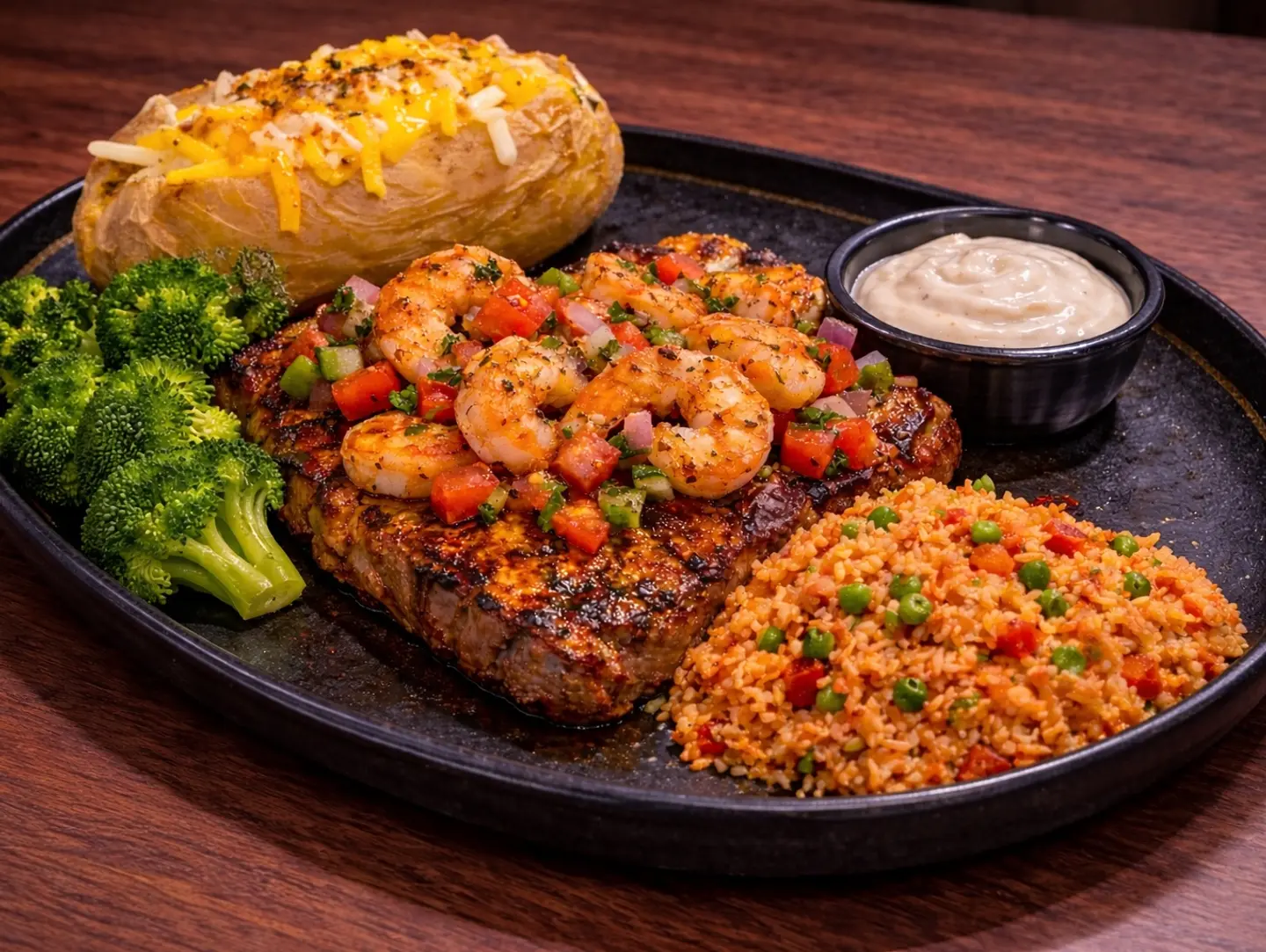 Grilled Rib Eye Steak With Sauteed Shrimps