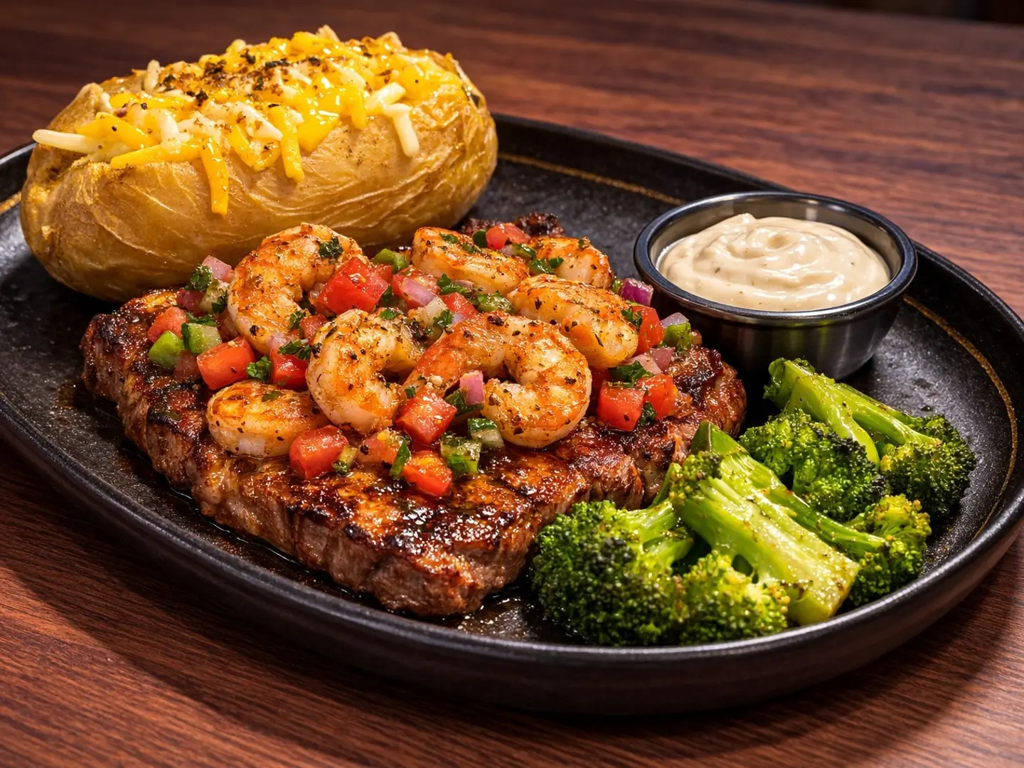 Grilled Rib Eye Steak With Sauteed Shrimps