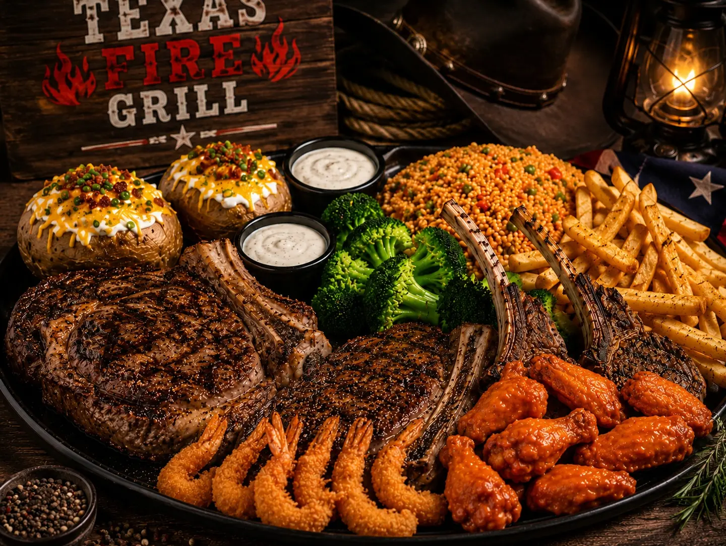 Double Ribeye, Lamb Chop, Shrimps And Wings Platter