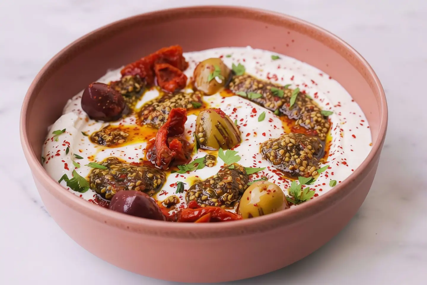 Spicy Labneh Zaatar Dip Grilled Olives